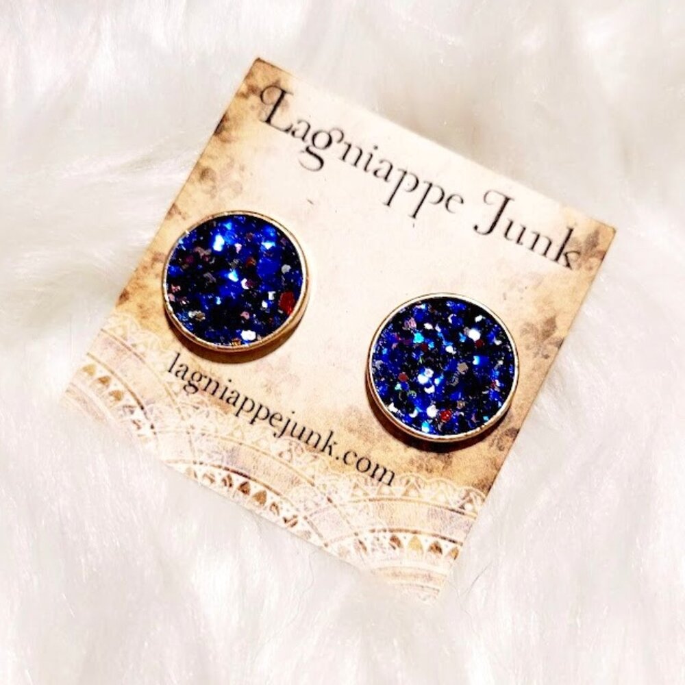 Blue Gold Tone Glitter Stud Earrings